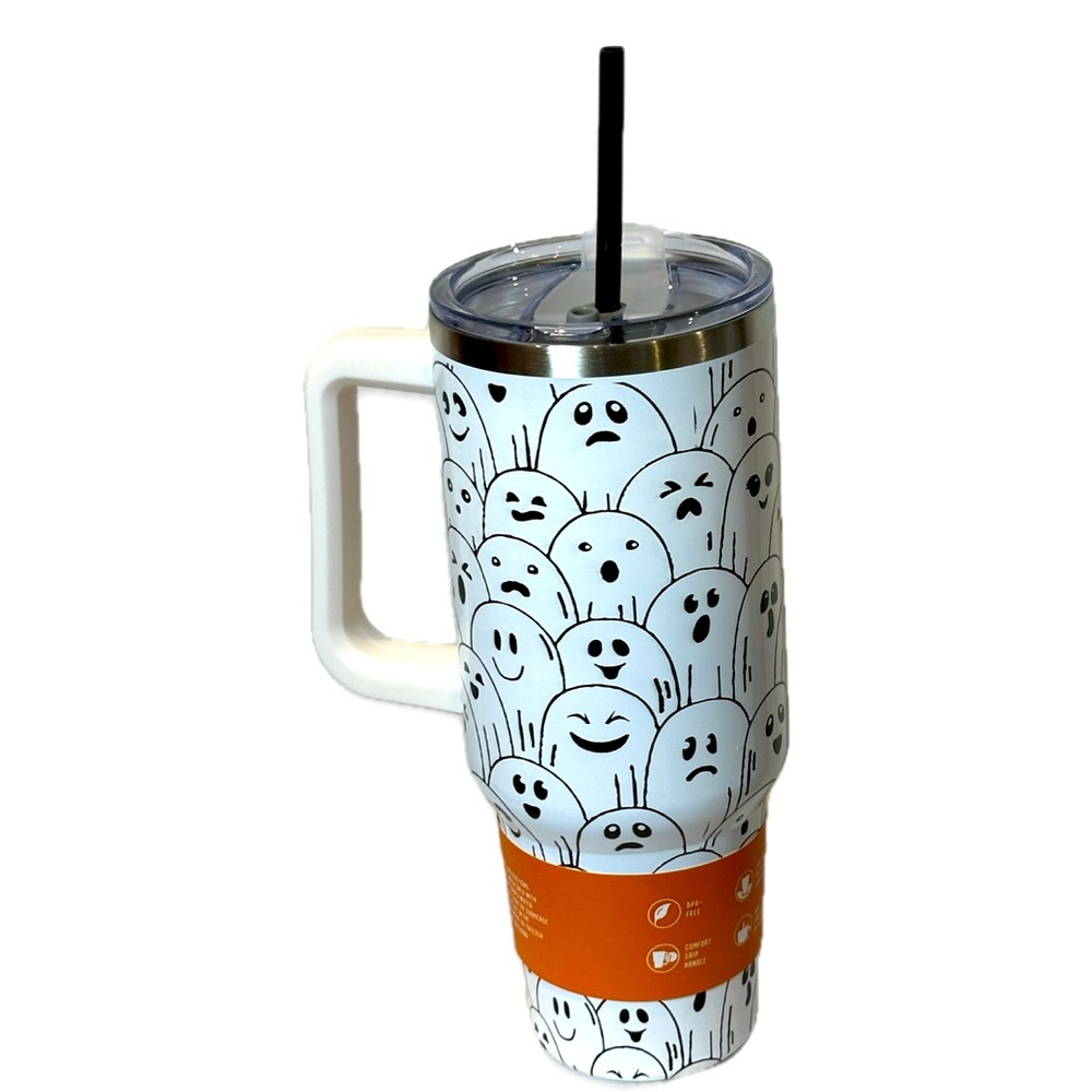 Ghost thermal travel tumbler with straw-black and white